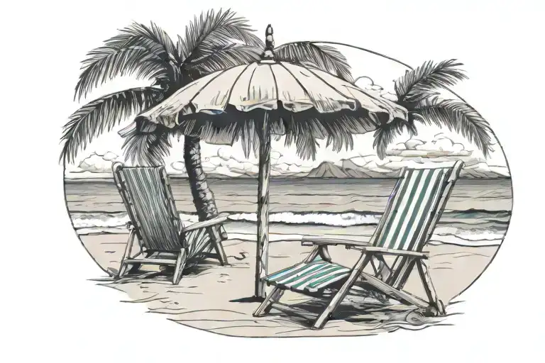 beach chair with umbrella and palm tree on the beach with crescent moon in ski  tattoo design idea