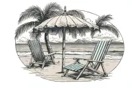 beach chair with umbrella and palm tree on the beach with crescent moon in ski  tattoo design idea