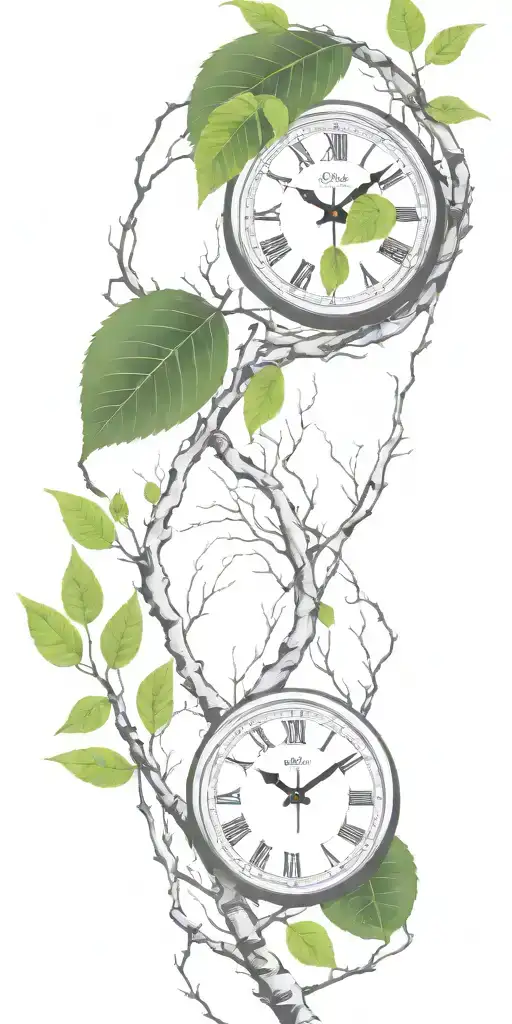 birch tree branches and green leaves with only 3 clocks integrated into it for an arm sleeve tattoo design idea