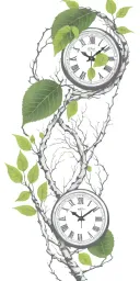 birch tree branches and green leaves with only 3 clocks integrated into it for an arm sleeve tattoo design idea
