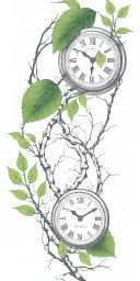 birch tree branches and green leaves with only 3 clocks integrated into it for an arm sleeve tattoo design idea