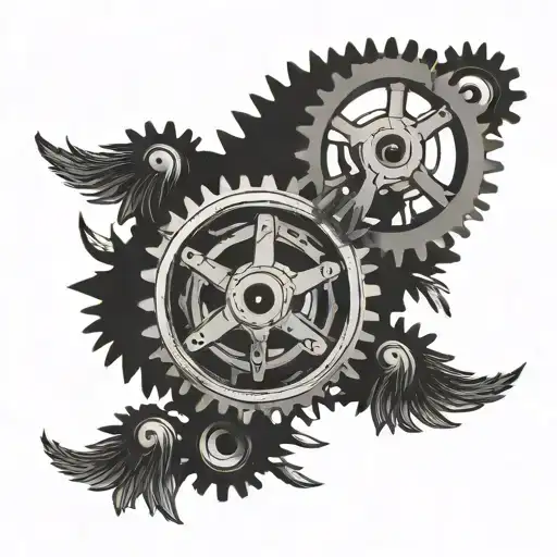 evergreen trees and gears intertwined tattoo design idea