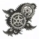evergreen trees and gears intertwined tattoo design idea