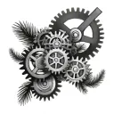 evergreen trees and gears intertwined tattoo design idea