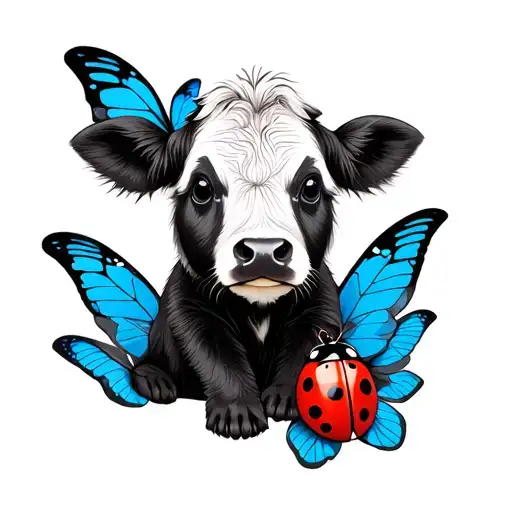 cow, ladybug, blue butterfly, red panda tattoo design idea