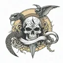 storm, lightening, snake, skull, dagger, moon, crow tattoo design idea