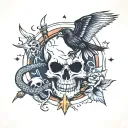 storm, lightening, snake, skull, dagger, moon, crow tattoo design idea