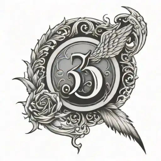 The number 5 with fire at the bottom and a halo on top, angel wings on the sides tattoo design idea