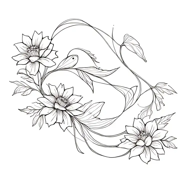 diagnol across back, vey flowy flowers with lines throughout including pisces fishes tattoo design idea