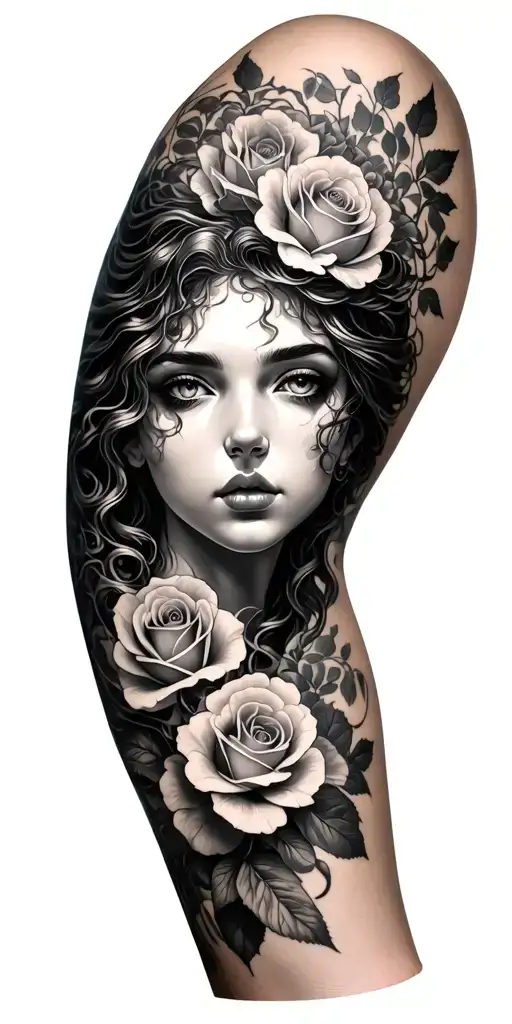 Medusa themed feminine sleeve with flowers roses blooming tattoo design idea