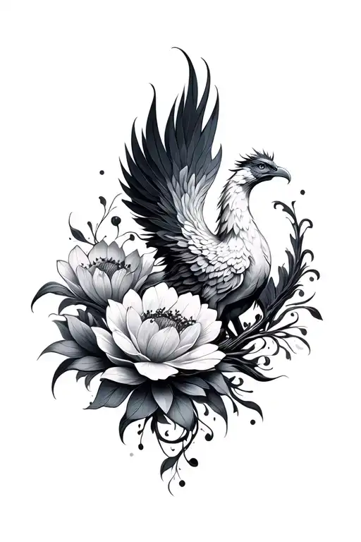 multiple fine line flower intertwined with phoenix  tattoo design idea