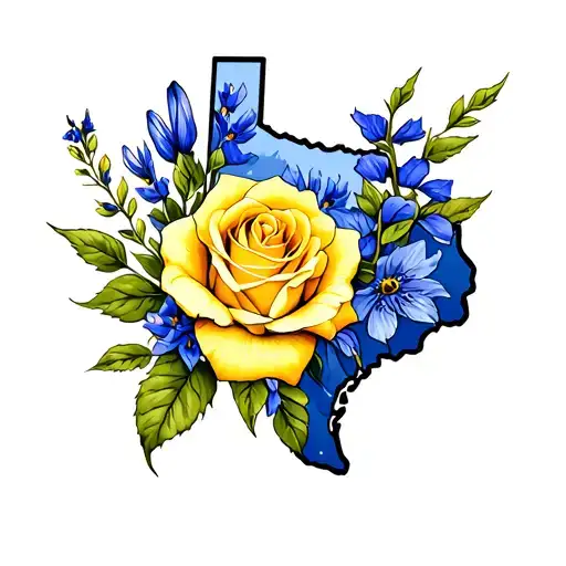 texas outline with yellow rose and bluebonnet flower tattoo design idea