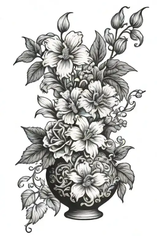 Colombia and Puerto Rico flowers in a vintage vase tattoo design idea