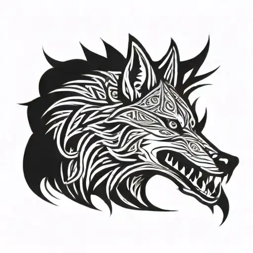 traditional fenrir wolf sticking out tongue tattoo design idea
