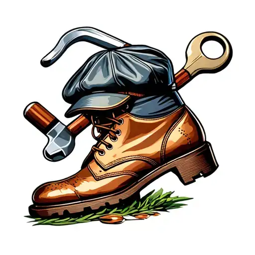 a newsboy cap, vintage soccer boots, a golf club and a spanner  tattoo design idea
