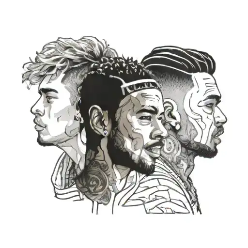 3 heads with the faces of justin bieber, post malone and chris brown tattoo design idea