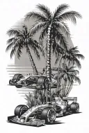 f1 car and palm tree tattoo design idea