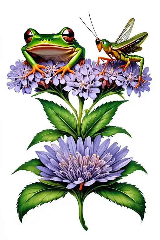 frog and a grasshopper on a lilac flower tattoo design idea