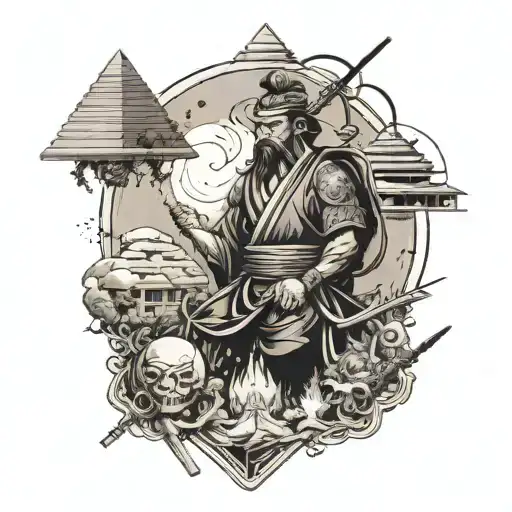 samurai, temple, pyramids, egypt, planets, forest tattoo design idea