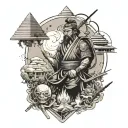samurai, temple, pyramids, egypt, planets, forest tattoo design idea