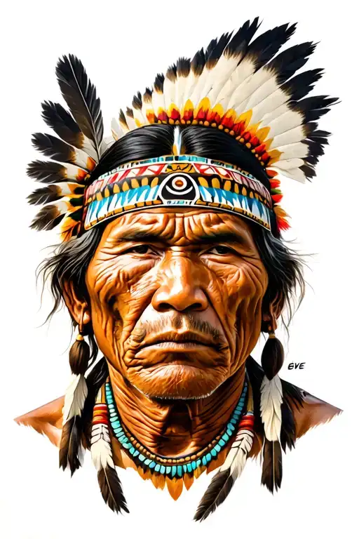 eve American Indian man (Hala y) with wrinkles and on his face symbols of their cultures tattoo design idea