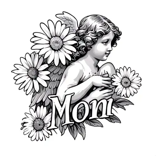 "Mom" daisy flower and cherub angel tattoo design idea