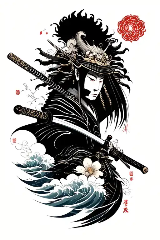 Samurai, Oni, Katana, Japanese waves, Japanese clouds, Japanese flora, Japanese style wind, 2D Blackwork tattoo design idea