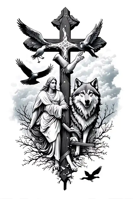 a cross on a cloudy background with birds and an angel add wolf from wall streat and franklin Saint gron snowfall tattoo design idea