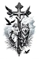 a cross on a cloudy background with birds and an angel add wolf from wall streat and franklin Saint gron snowfall tattoo design idea
