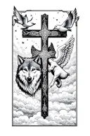 a cross on a cloudy background with birds and an angel add wolf from wall streat and franklin Saint gron snowfall tattoo design idea
