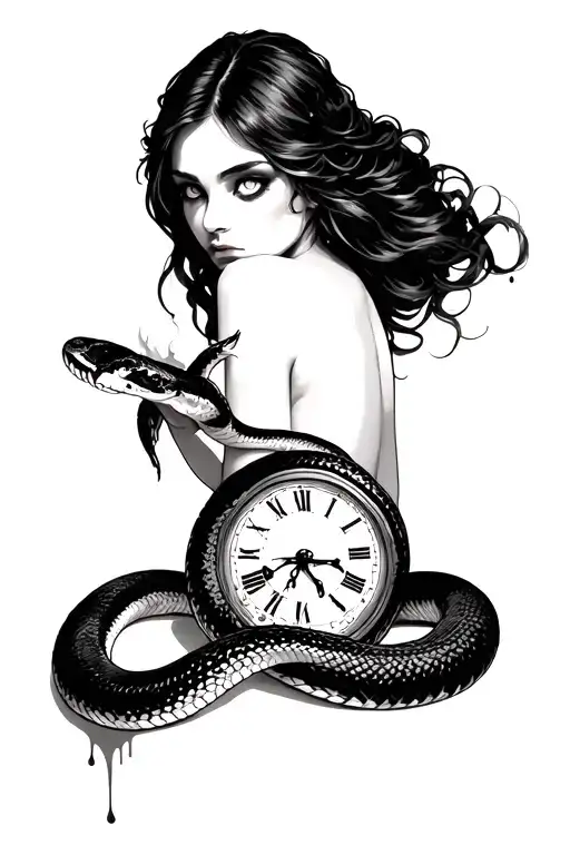 a woman with white eyes holding a snake wrapped around her hand with a old dusty melting clock for the back ground  tattoo design idea
