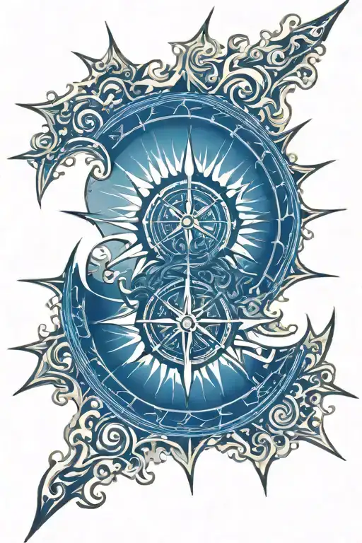 compass rose inside pipeline wave crashing with sun rays breaking  tattoo design idea