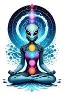 an alien with chakras meditating on a swirling cluster of stars tattoo design idea