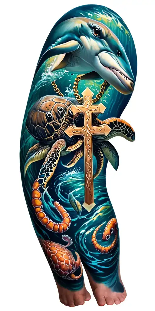 Full color ocean themed leg sleeve with a falling  cross necklace dolphin sea turtle octopus and shark tattoo design idea
