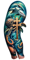Full color ocean themed leg sleeve with a falling  cross necklace dolphin sea turtle octopus and shark tattoo design idea