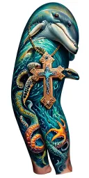 Full color ocean themed leg sleeve with a falling  cross necklace dolphin sea turtle octopus and shark tattoo design idea