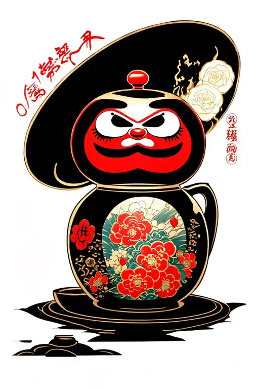 a daruma doll with sake jar overflowing tattoo design idea