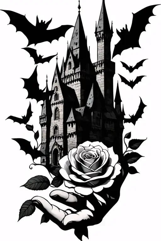 dark gothic castle with bats flying, and a rose underneath it in the hand tattoo design idea