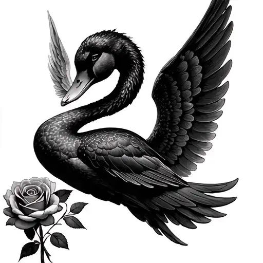 black swan holding rose with open angel wings going to heaven tattoo design idea