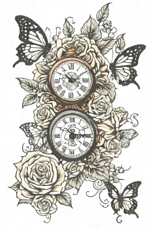 butterflies,roses,clock tattoo design idea