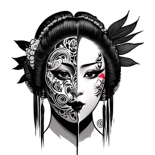 namakubi severed head geisha with borneo tribal tattoo design idea