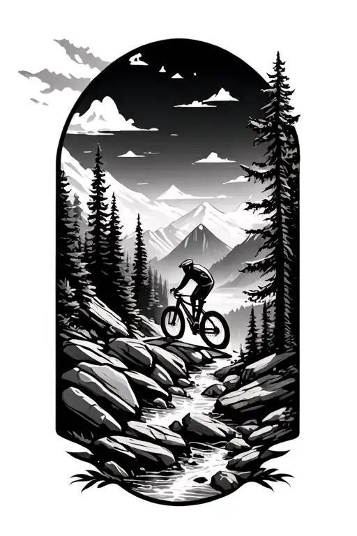 outdoor mountain bike trail going over rocks with a river nearby tattoo design idea