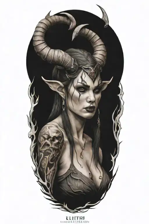 lilith with demon horns tattoo design idea