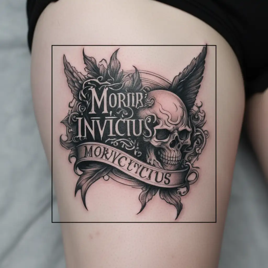 Lettering tattoo, morior Invictus tattoo design idea