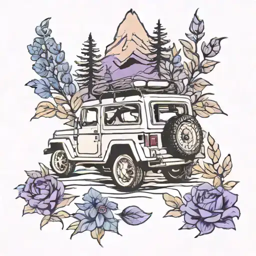 jeep camping blue flowers camp fire purple flowers tattoo design idea