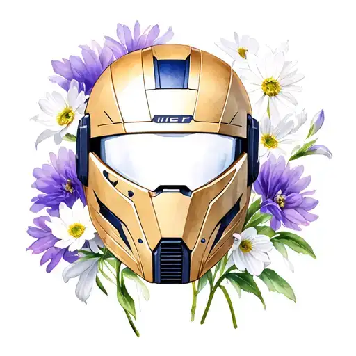 A "Mass Effect" N7 helmet surrounded by purple violet flower, white snowdrop flowers, and white chrysanthemum flowers tattoo design idea