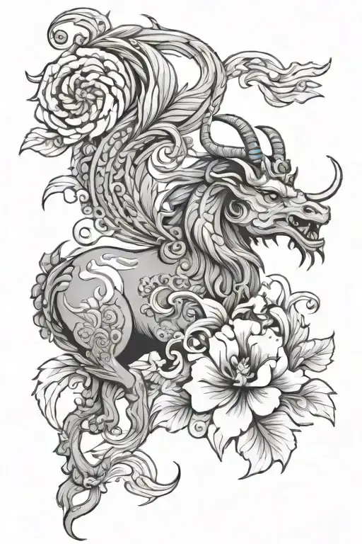 Qilin mix of dragon and goat, a pansy flower tattoo design idea