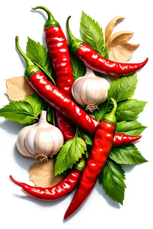 ristra of red guajillo chilis surrounded by garlic tattoo design idea