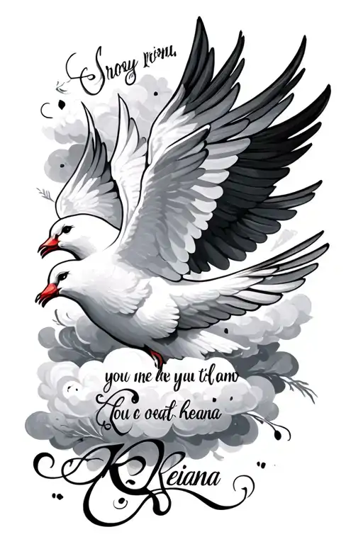 cloud filler with word Keiana in cursive with dove overlapping slightly and bible quote tattoo design idea