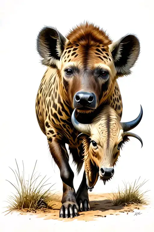 Spotted hyena carrying a bisons head tattoo design idea